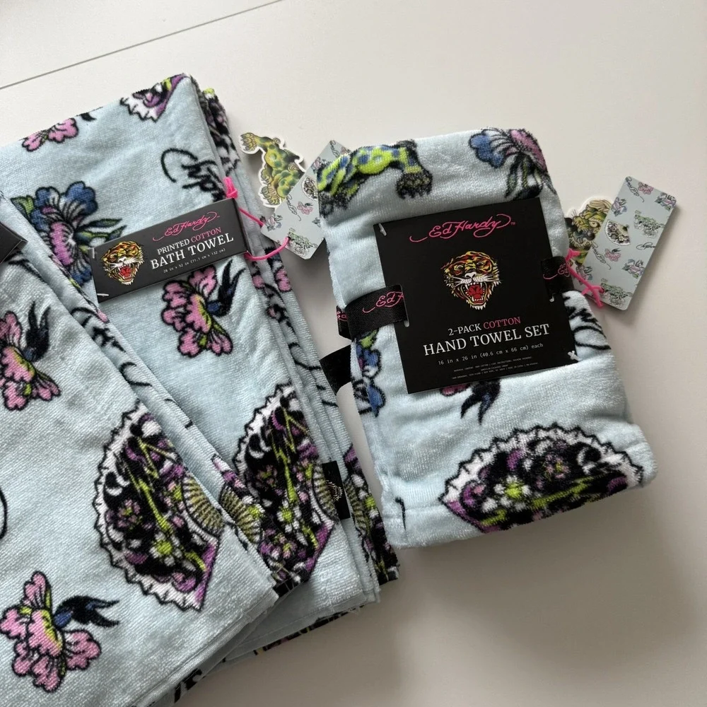 Ed Hardy Lt Blue Bath Towel 4 Piece Set, 100% Cotton 2 Bath Towels 2Hand Towels